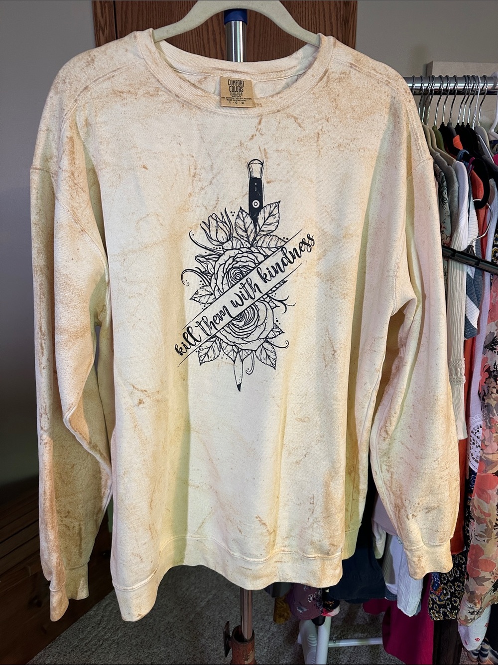 Comfort Colors Cream Crewneck Sweatshirt with Black Floral Knife Graphic